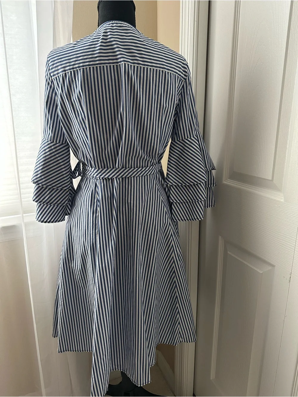 NWOT  Calvin Klein Navy and White Striped Wrap Midi Dress